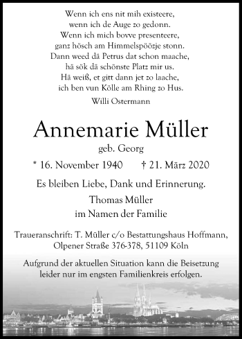 Anzeige von Annemarie Müller von Kölner Stadt-Anzeiger / Kölnische Rundschau / Express