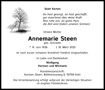 Anzeige von Annemarie Steen von Kölner Stadt-Anzeiger / Kölnische Rundschau / Express
