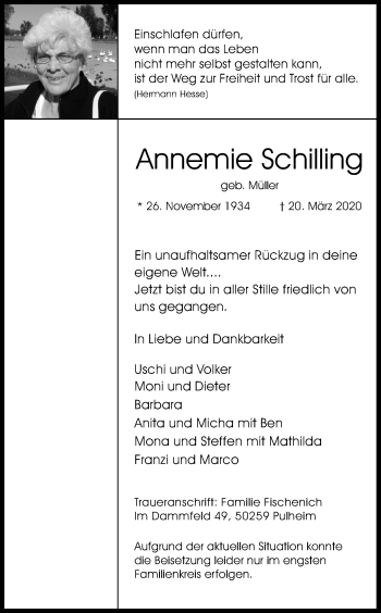 Anzeige von Annemie Schilling von Kölner Stadt-Anzeiger / Kölnische Rundschau / Express