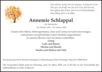 Anzeige von Annemie Schlappal von Kölner Stadt-Anzeiger / Kölnische Rundschau / Express