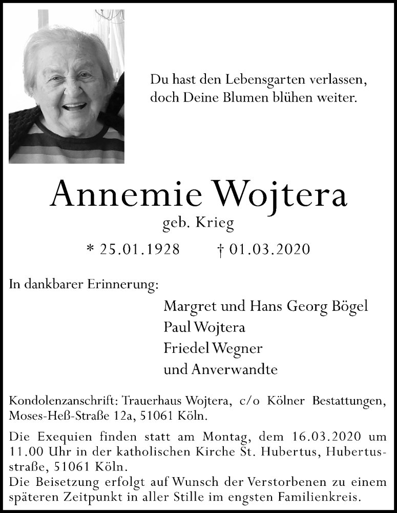  Traueranzeige für Annemie Wojtera vom 07.03.2020 aus Kölner Stadt-Anzeiger / Kölnische Rundschau / Express