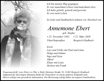 Anzeige von Annemone Ebert von Kölner Stadt-Anzeiger / Kölnische Rundschau / Express