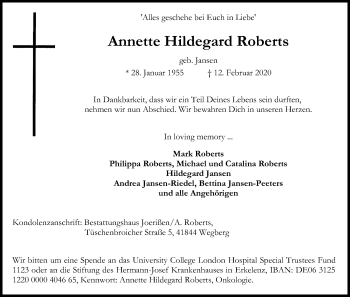 Anzeige von Annette Hildegard Roberts von Kölner Stadt-Anzeiger / Kölnische Rundschau / Express