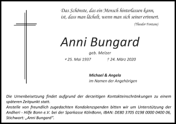 Anzeige von Anni Bungard von Kölner Stadt-Anzeiger / Kölnische Rundschau / Express