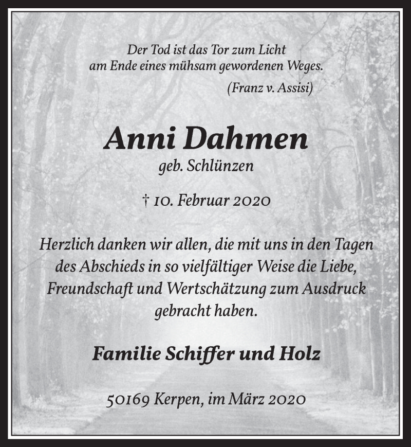  Traueranzeige für Anni Dahmen vom 18.03.2020 aus  Werbepost 