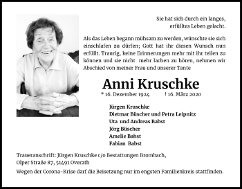 Anzeige von Anni Kruschke von Kölner Stadt-Anzeiger / Kölnische Rundschau / Express