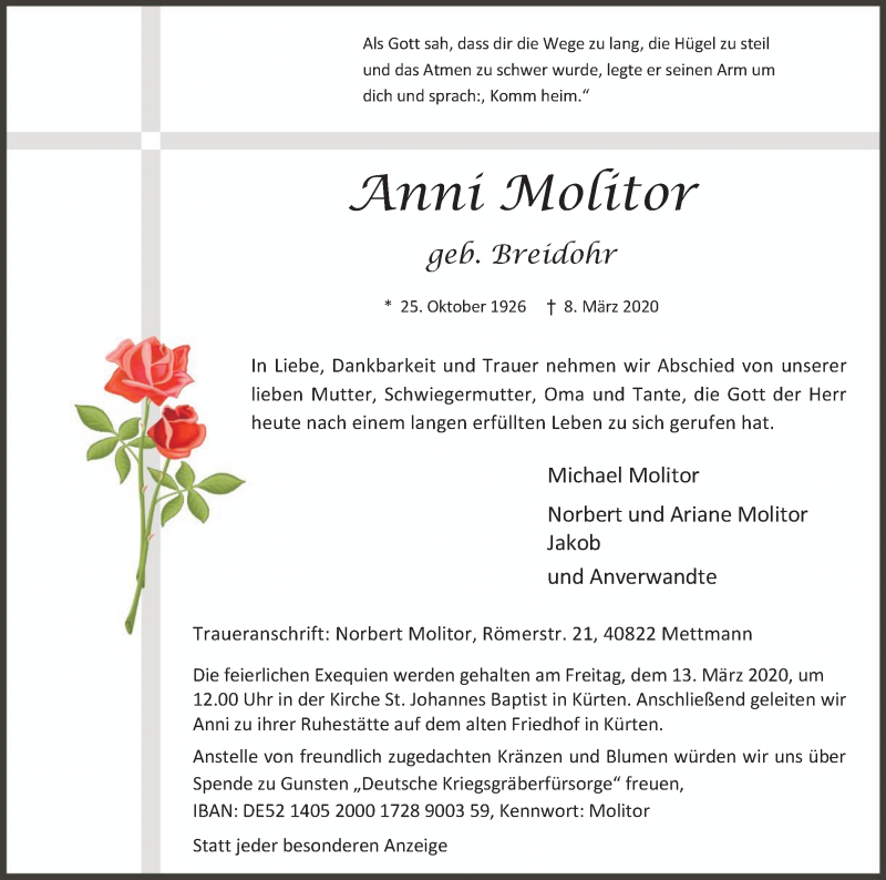  Traueranzeige für Anni Molitor vom 11.03.2020 aus Kölner Stadt-Anzeiger / Kölnische Rundschau / Express