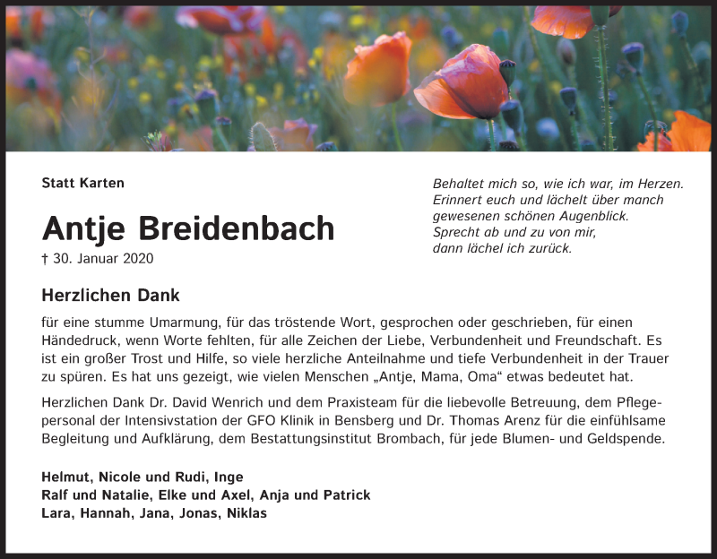  Traueranzeige für Antje Breidenbach vom 07.03.2020 aus Kölner Stadt-Anzeiger / Kölnische Rundschau / Express