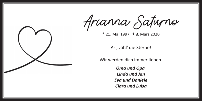  Traueranzeige für Arianna Saturno vom 18.03.2020 aus  Wochenende 