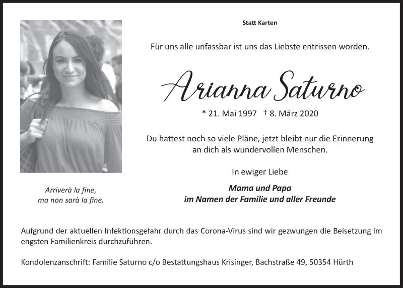  Traueranzeige für Arianna Saturno vom 18.03.2020 aus  Wochenende 