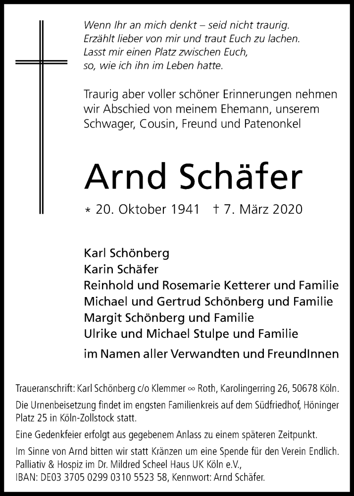  Traueranzeige für Arnd Schäfer vom 21.03.2020 aus Kölner Stadt-Anzeiger / Kölnische Rundschau / Express