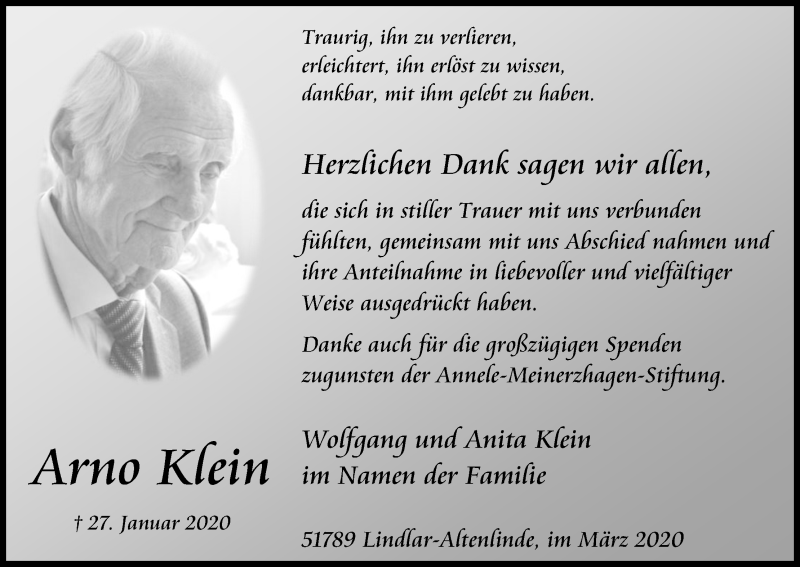  Traueranzeige für Arno Klein vom 21.03.2020 aus Kölner Stadt-Anzeiger / Kölnische Rundschau / Express
