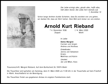 Anzeige von Arnold Kurt Rieband von Zeitungsgruppe Köln