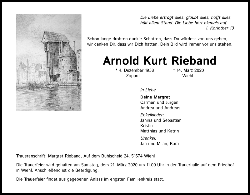  Traueranzeige für Arnold Kurt Rieband vom 18.03.2020 aus Zeitungsgruppe Köln