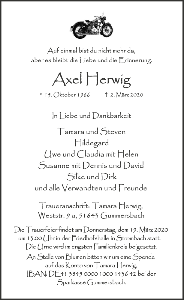  Traueranzeige für Axel Herwig vom 11.03.2020 aus  Anzeigen Echo 