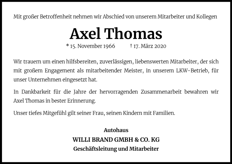  Traueranzeige für Axel Thomas vom 25.03.2020 aus Kölner Stadt-Anzeiger / Kölnische Rundschau / Express