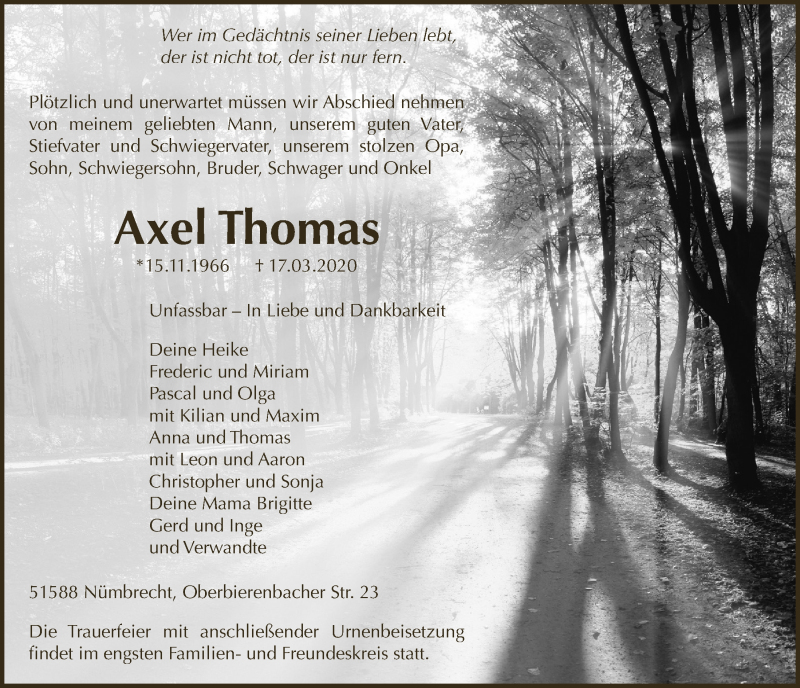  Traueranzeige für Axel Thomas vom 27.03.2020 aus  Lokalanzeiger 