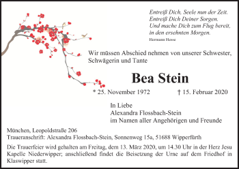 Anzeige von Bea Stein von Kölner Stadt-Anzeiger / Kölnische Rundschau / Express