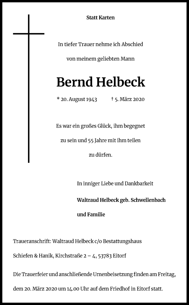  Traueranzeige für Bernd Helbeck vom 14.03.2020 aus Zeitungsgruppe Köln