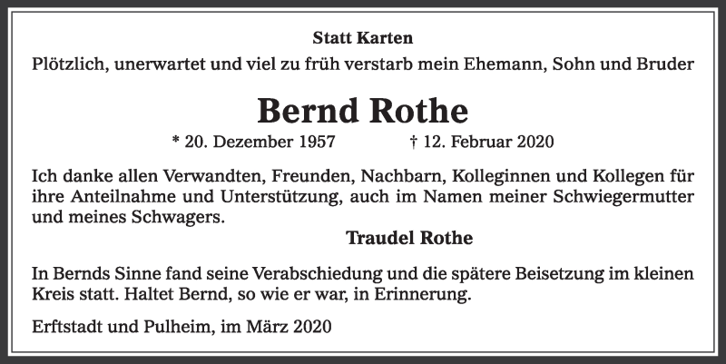  Traueranzeige für Bernd Rothe vom 14.03.2020 aus  Sonntags-Post 