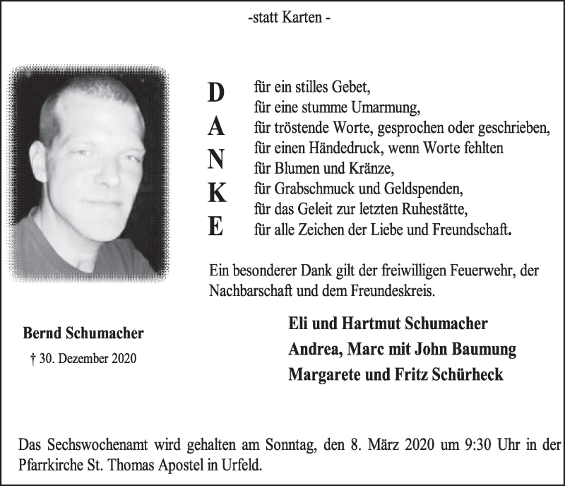  Traueranzeige für Bernd Schumacher vom 04.03.2020 aus  Schlossbote/Werbekurier 