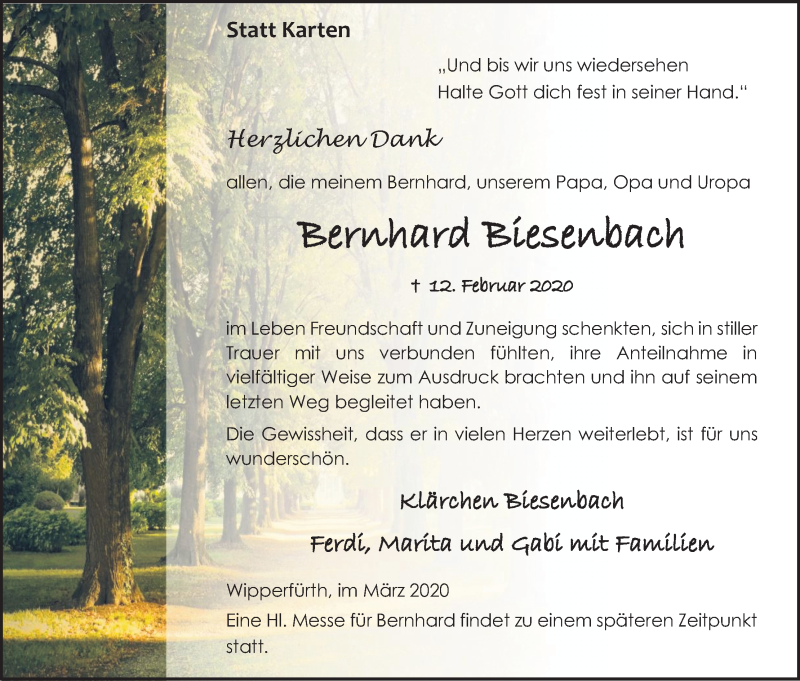  Traueranzeige für Bernhard Biesenbach vom 21.03.2020 aus Kölner Stadt-Anzeiger / Kölnische Rundschau / Express