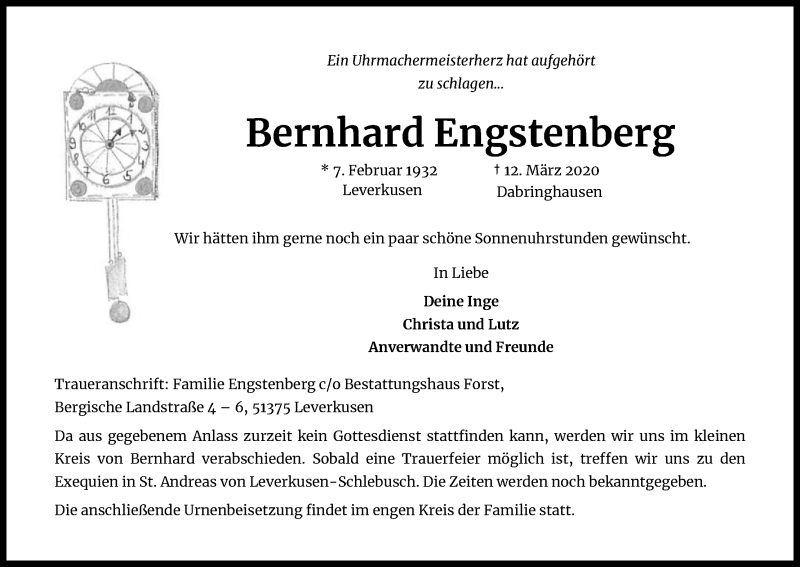  Traueranzeige für Bernhard Engstenberg vom 18.03.2020 aus Zeitungsgruppe Köln