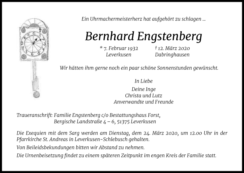  Traueranzeige für Bernhard Engstenberg vom 16.03.2020 aus Zeitungsgruppe Köln