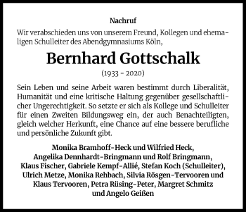 Anzeige von Bernhard Gottschalk von Kölner Stadt-Anzeiger / Kölnische Rundschau / Express