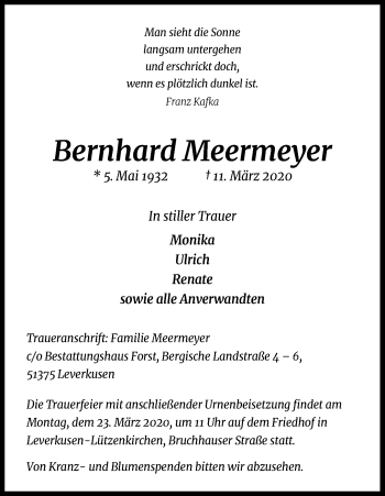 Anzeige von Bernhard Meermeyer von Zeitungsgruppe Köln