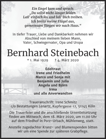 Anzeige von Bernhard Steinebach von  Kölner Wochenspiegel 