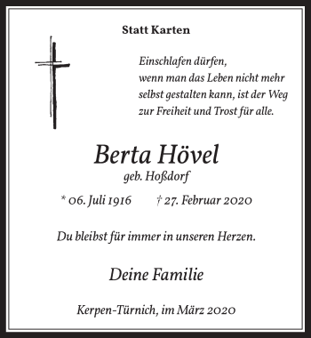 Anzeige von Berta Hövel von  Werbepost 