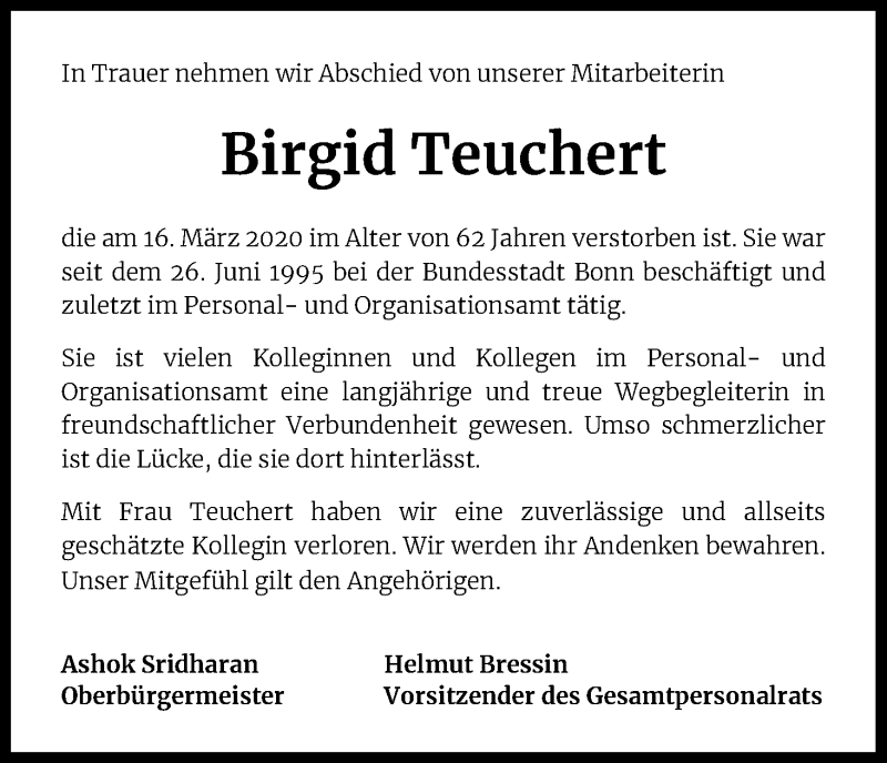 Traueranzeige für Birgid Teuchert vom 26.03.2020 aus Kölner Stadt-Anzeiger / Kölnische Rundschau / Express