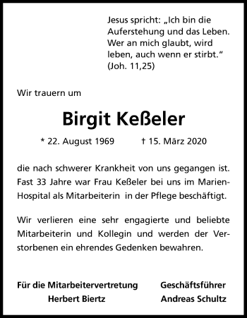 Anzeige von Birgit Keßeler von Kölner Stadt-Anzeiger / Kölnische Rundschau / Express