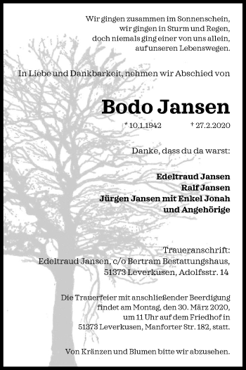 Anzeige von Bodo Jansen von Kölner Stadt-Anzeiger / Kölnische Rundschau / Express