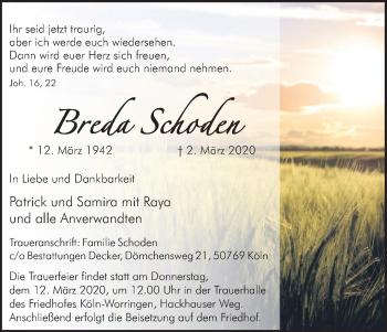 Anzeige von Breda Schoden von Kölner Stadt-Anzeiger / Kölnische Rundschau / Express