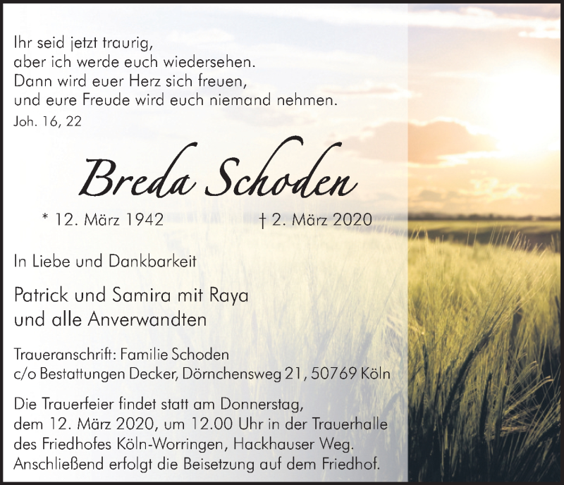  Traueranzeige für Breda Schoden vom 07.03.2020 aus Kölner Stadt-Anzeiger / Kölnische Rundschau / Express