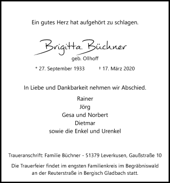 Anzeige von Brigitta Büchner von Kölner Stadt-Anzeiger / Kölnische Rundschau / Express
