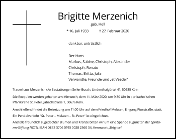 Anzeige von Brigitte Merzenich von Kölner Stadt-Anzeiger / Kölnische Rundschau / Express