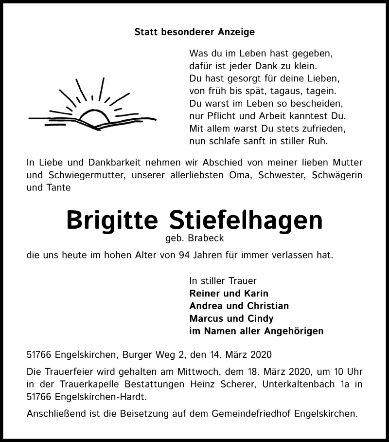 Traueranzeige für Brigitte Stiefelhagen vom 17.03.2020 aus Zeitungsgruppe Köln