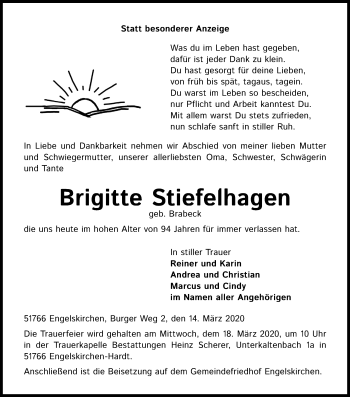 Anzeige von Brigitte Stiefelhagen von Zeitungsgruppe Köln