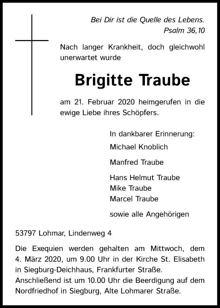  Traueranzeige für Brigitte Traube vom 02.03.2020 aus Kölner Stadt-Anzeiger / Kölnische Rundschau / Express