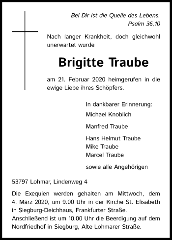 Anzeige von Brigitte Traube von Kölner Stadt-Anzeiger / Kölnische Rundschau / Express