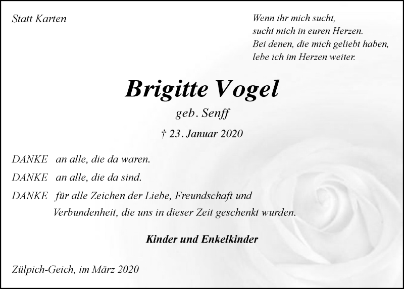  Traueranzeige für Brigitte Vogel vom 07.03.2020 aus  Blickpunkt Euskirchen 