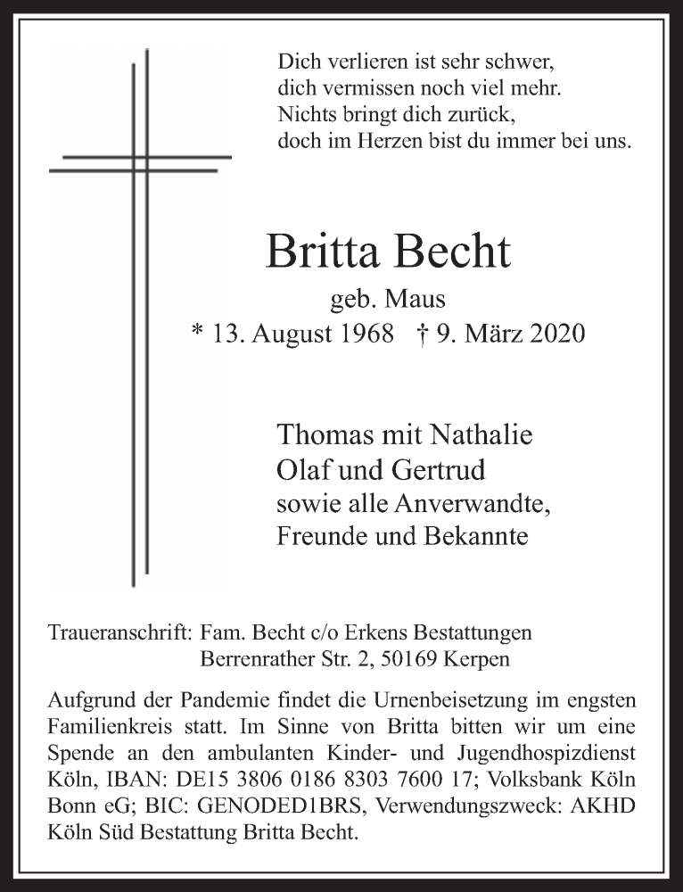  Traueranzeige für Britta Becht vom 18.03.2020 aus  Wochenende  Werbepost 