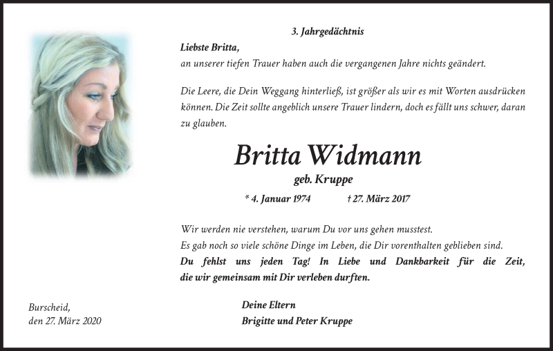  Traueranzeige für Britta Widmann vom 27.03.2020 aus Kölner Stadt-Anzeiger / Kölnische Rundschau / Express