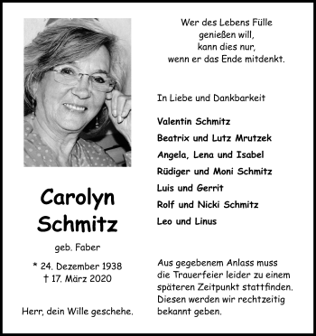 Anzeige von Carolyn Schmitz von Kölner Stadt-Anzeiger / Kölnische Rundschau / Express
