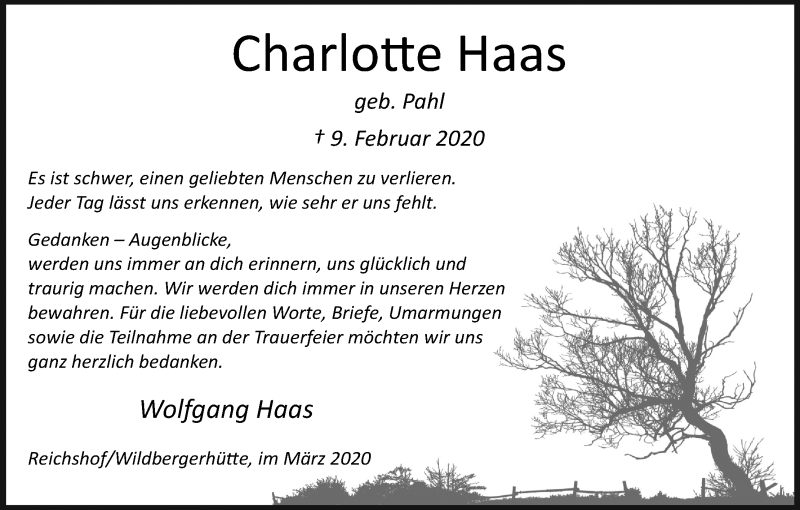  Traueranzeige für Charlotte Haas vom 21.03.2020 aus Kölner Stadt-Anzeiger / Kölnische Rundschau / Express