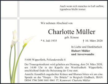 Anzeige von Charlotte Müller von Zeitungsgruppe Köln