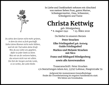 Anzeige von Christa Kettwig von Kölner Stadt-Anzeiger / Kölnische Rundschau / Express